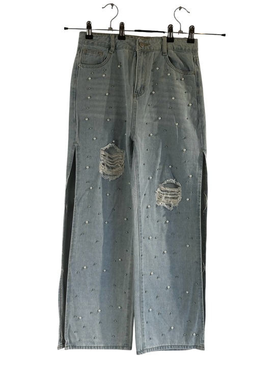 unbranded Denim - Y2K Pearl Studded Wide Leg Jeans Light Wash Distressed Split Hem Denim Pants